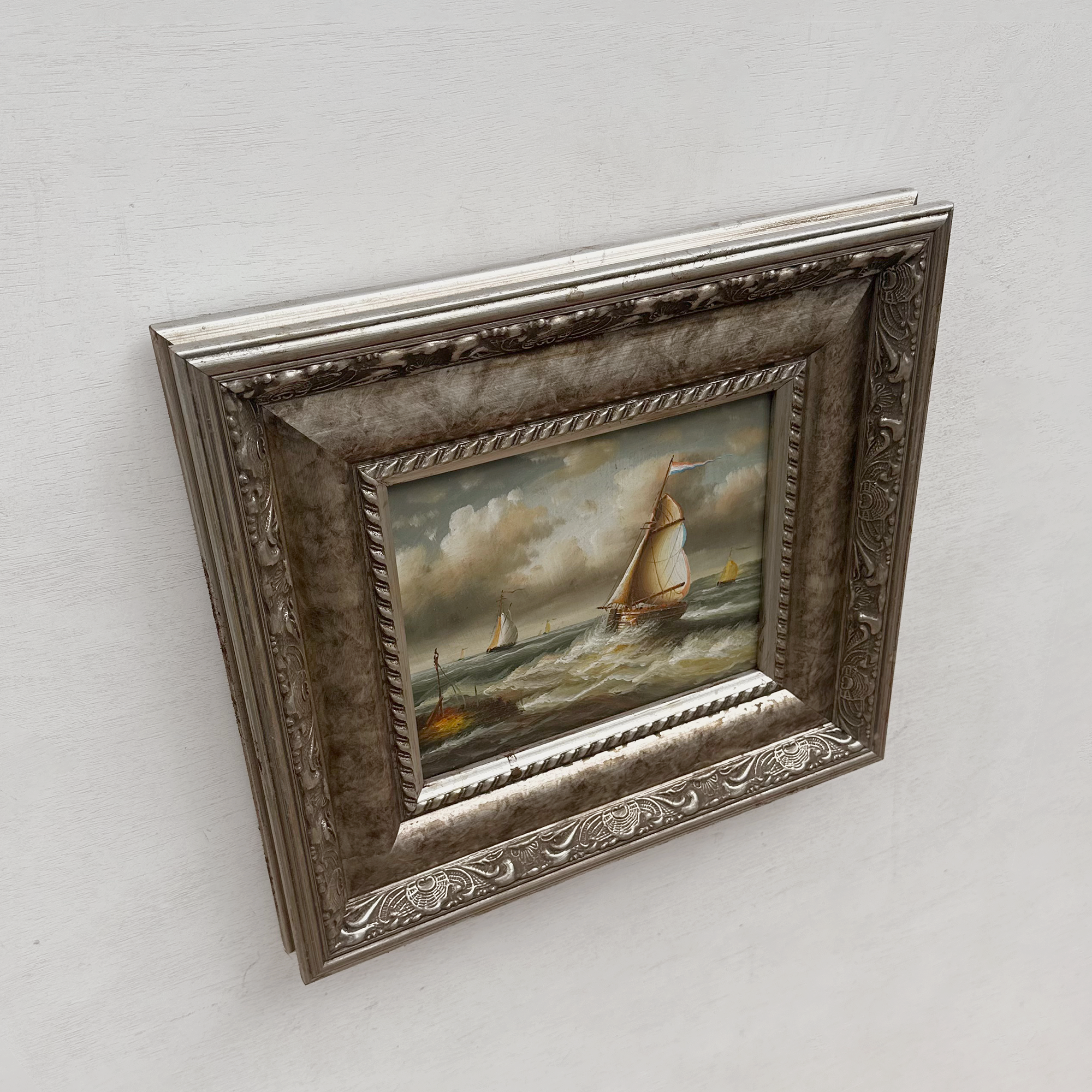Original Hand-Painted Maritime Sailboat Seascape Oil Painting in Heavy Ornate Silver Frame (with Frame 42 × 37 cm)