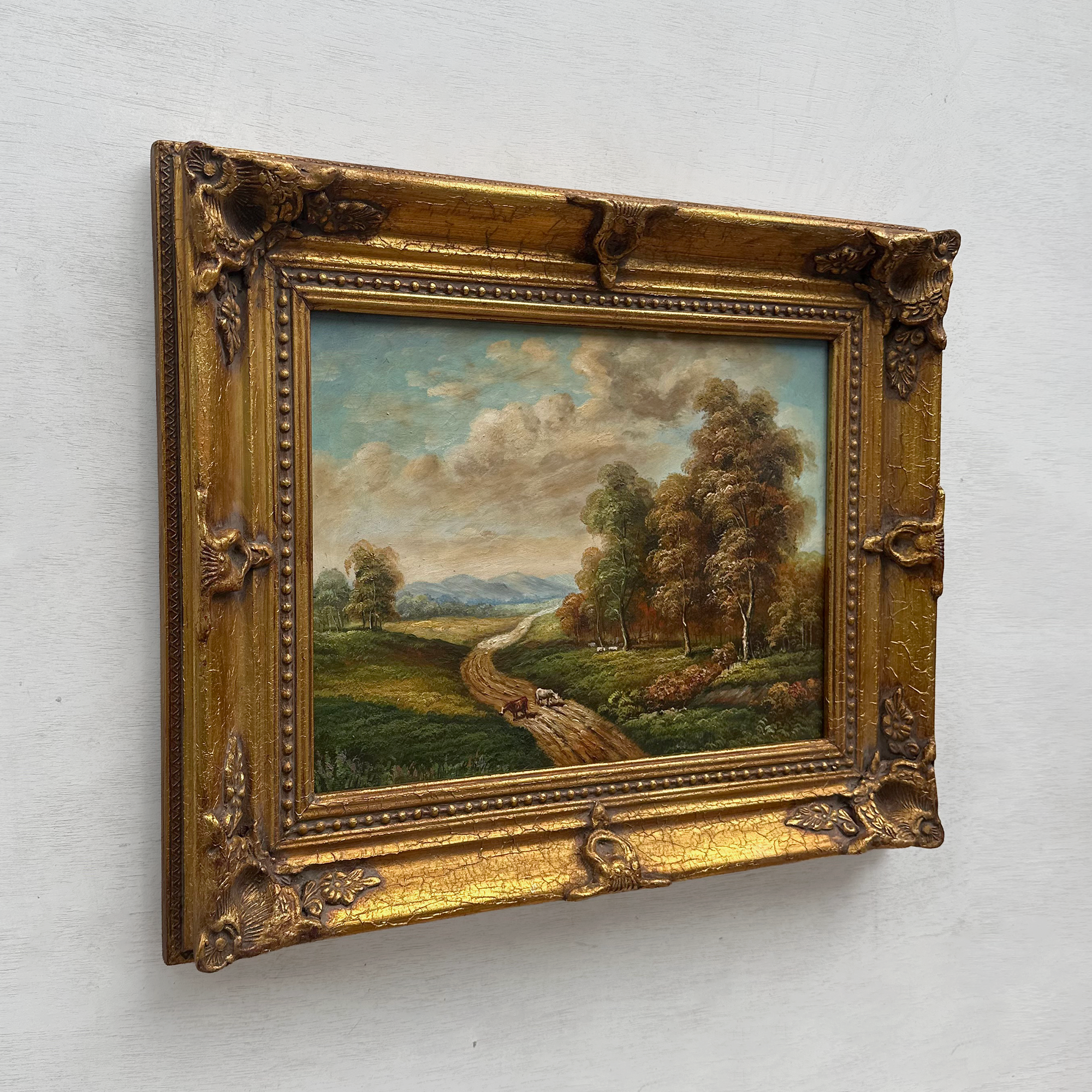 Original Vintage Landscape Oil Painting, Peaceful Countryside Road and Trees Artwork 57×47 cm