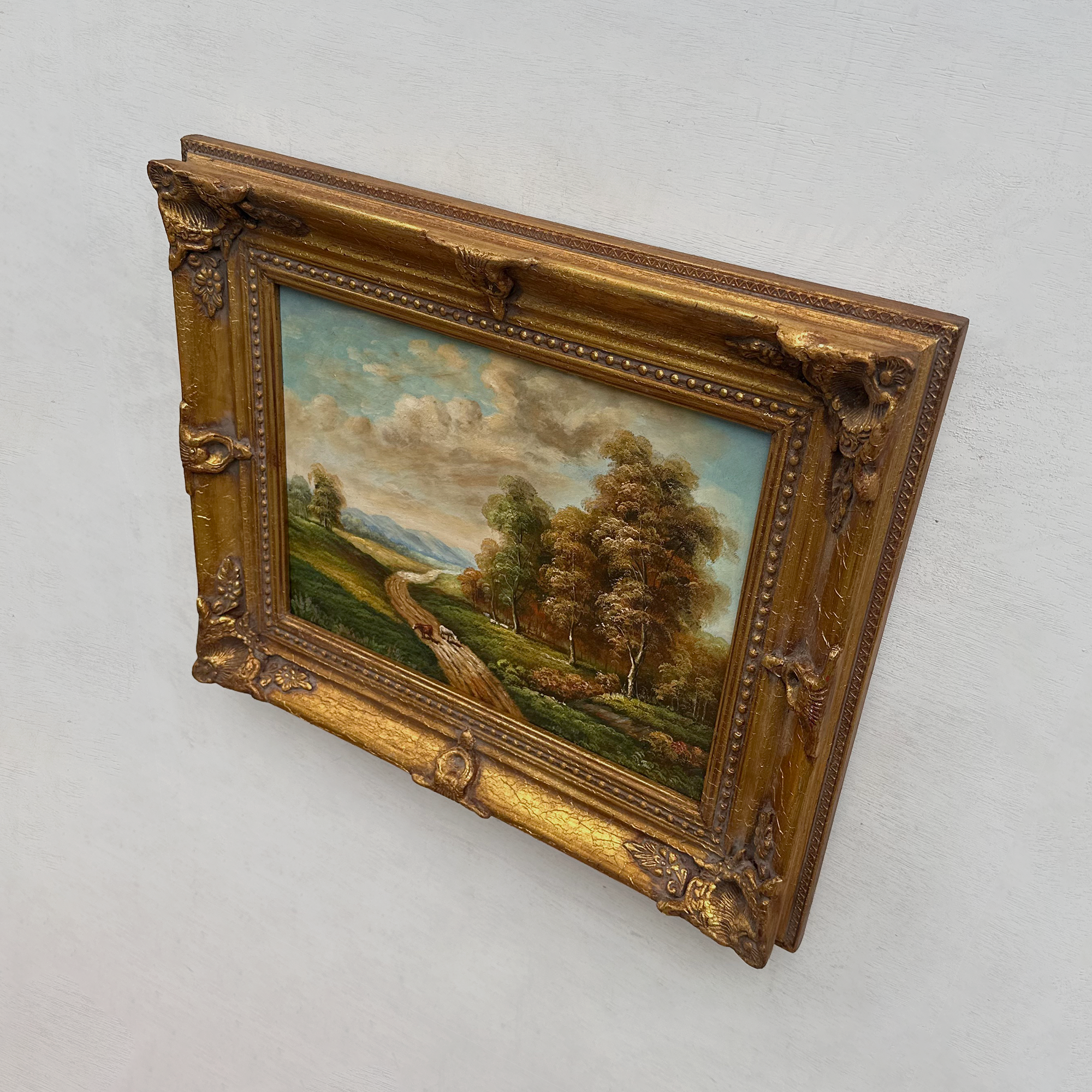 Original Vintage Landscape Oil Painting, Peaceful Countryside Road and Trees Artwork 57×47 cm