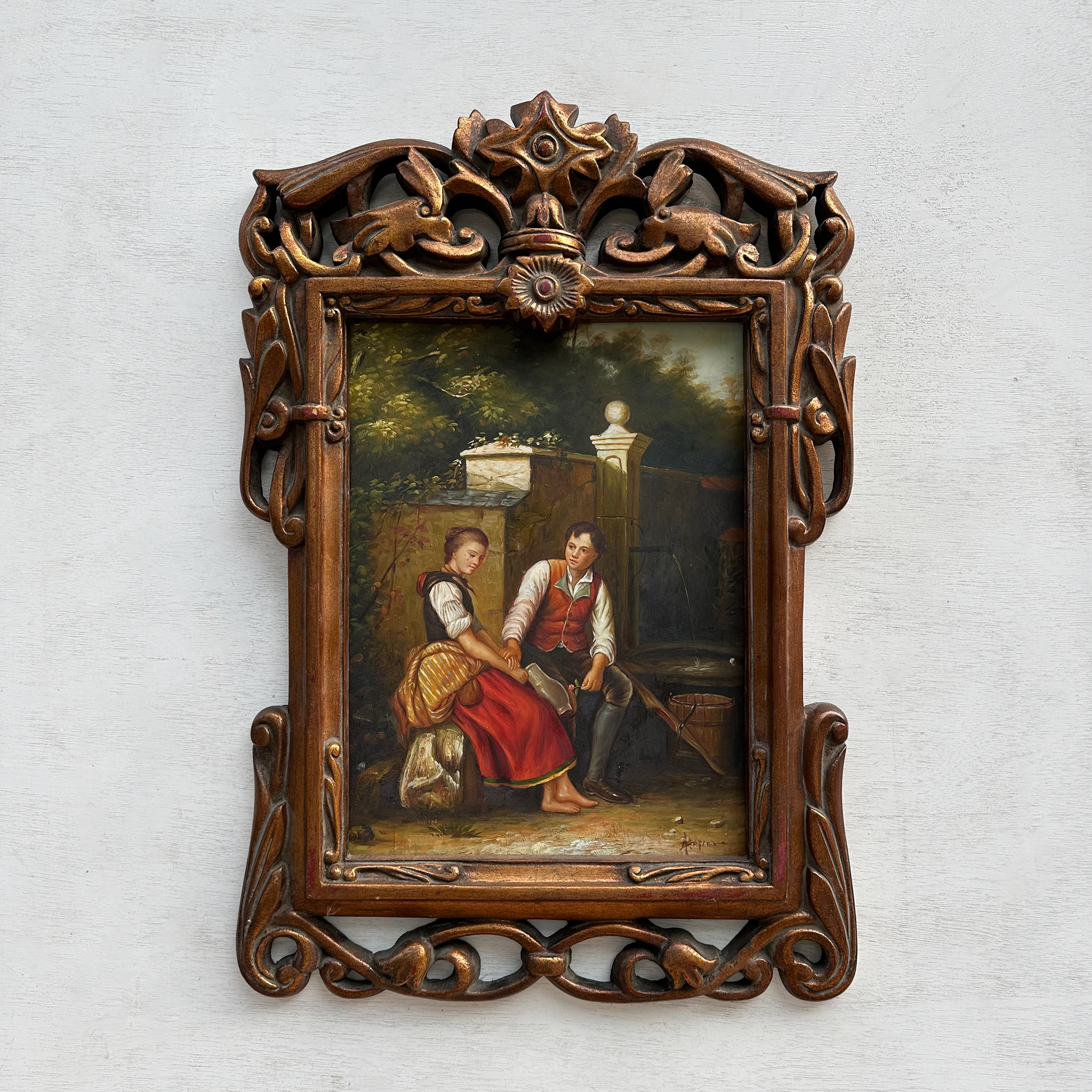 Vintage Genre Painting, European Couple Scene, Romantic Figurative Wall Art, Classical Antique Style Decor, One of a Kind 45x65cm