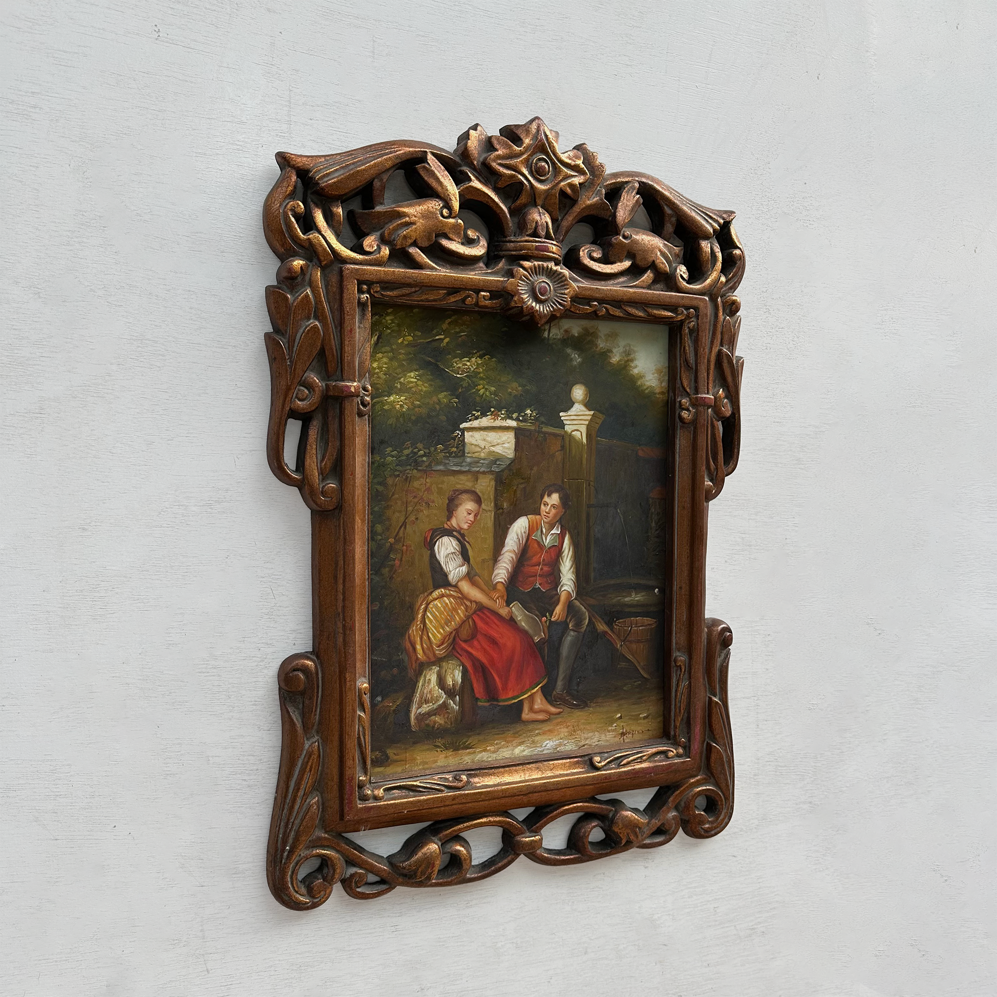 Vintage Genre Painting, European Couple Scene, Romantic Figurative Wall Art, Classical Antique Style Decor, One of a Kind 45x65cm