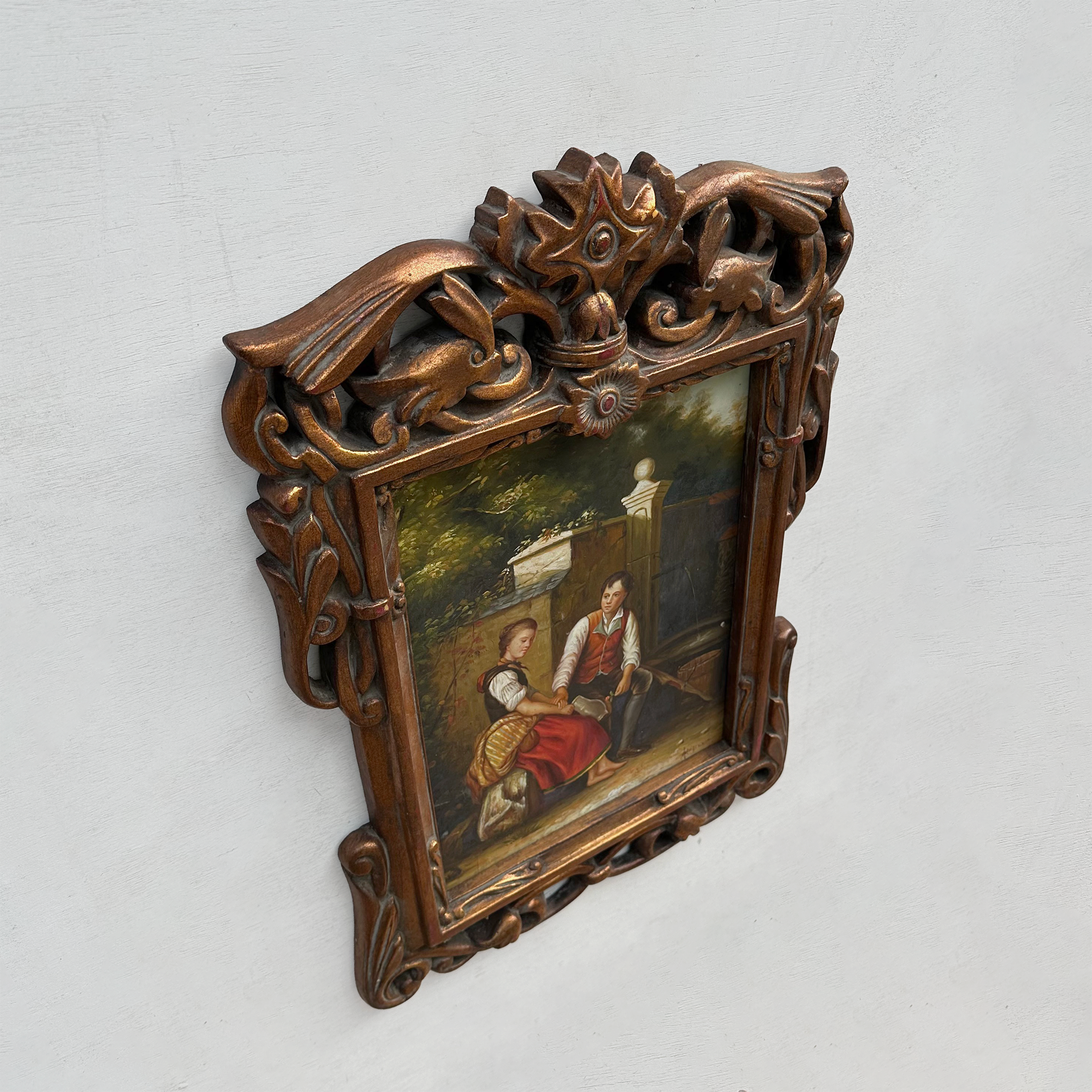 Vintage Genre Painting, European Couple Scene, Romantic Figurative Wall Art, Classical Antique Style Decor, One of a Kind 45x65cm