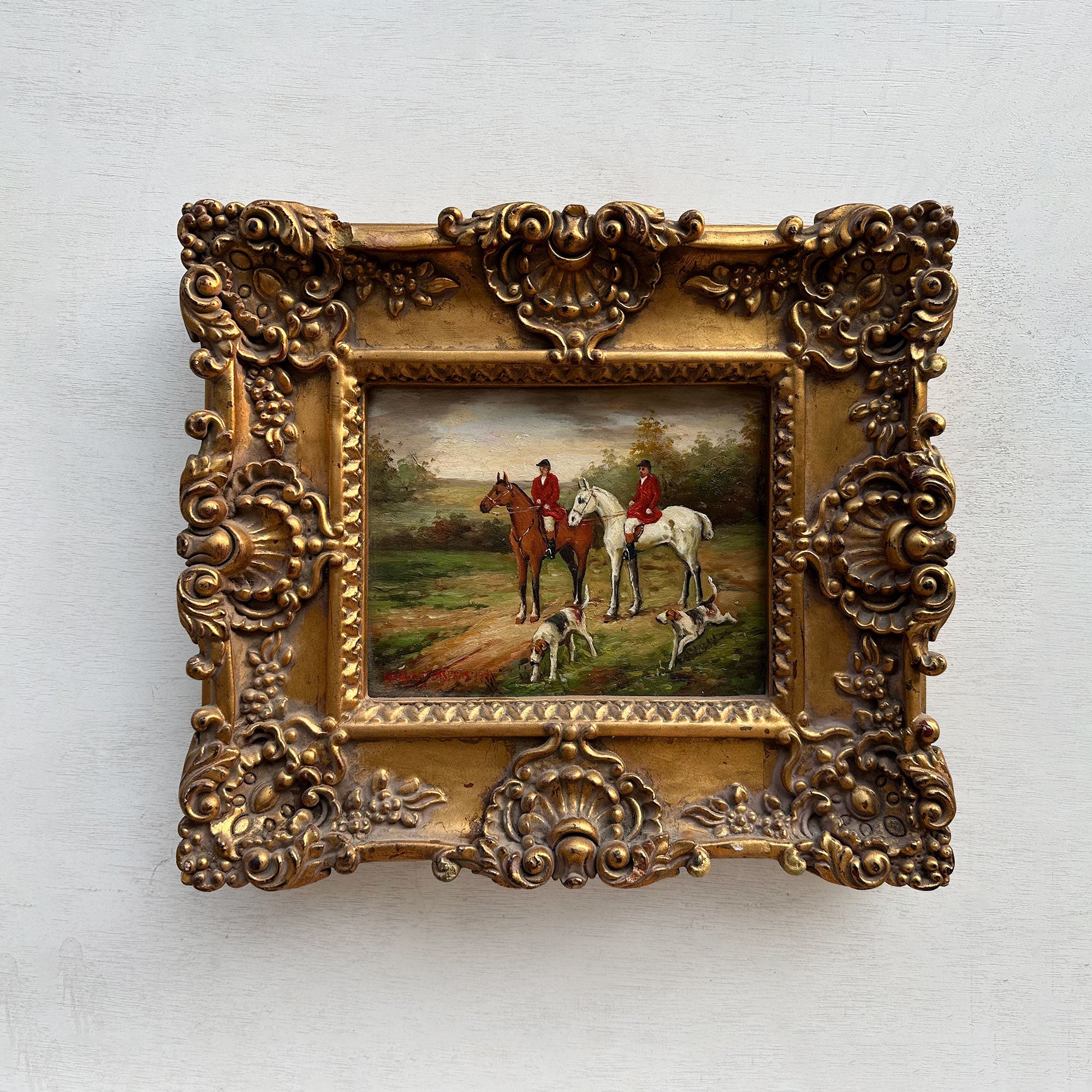 The Hunt at Rest | Signed Robert Caspers | Vintage Equestrian Oil Painting | 19.3×15.4in