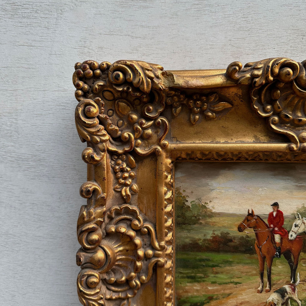 The Hunt at Rest | Signed Robert Caspers | Vintage Equestrian Oil Painting | 19.3×15.4in