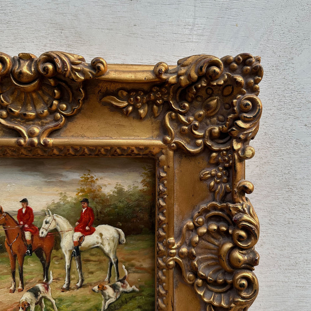 The Hunt at Rest | Signed Robert Caspers | Vintage Equestrian Oil Painting | 19.3×15.4in