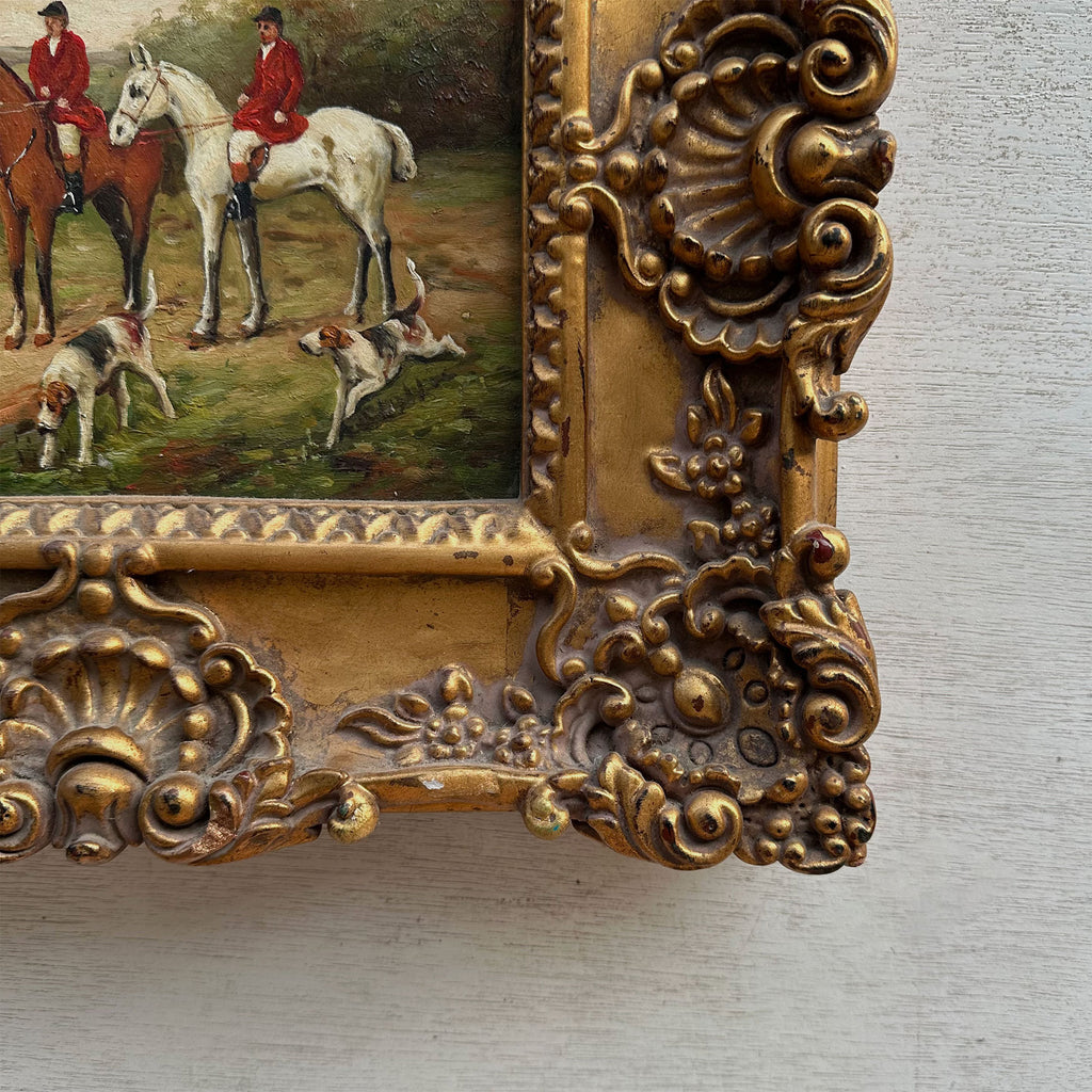 The Hunt at Rest | Signed Robert Caspers | Vintage Equestrian Oil Painting | 19.3×15.4in