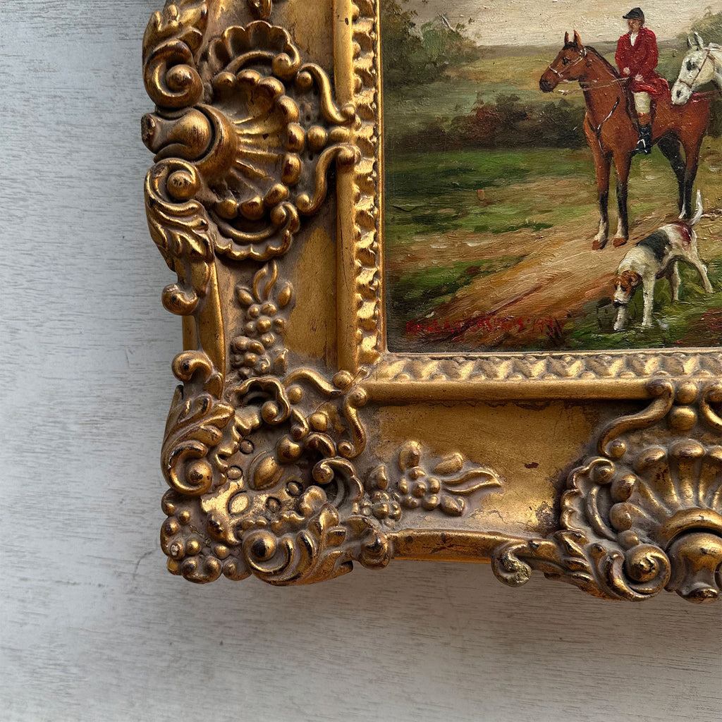 The Hunt at Rest | Signed Robert Caspers | Vintage Equestrian Oil Painting | 19.3×15.4in