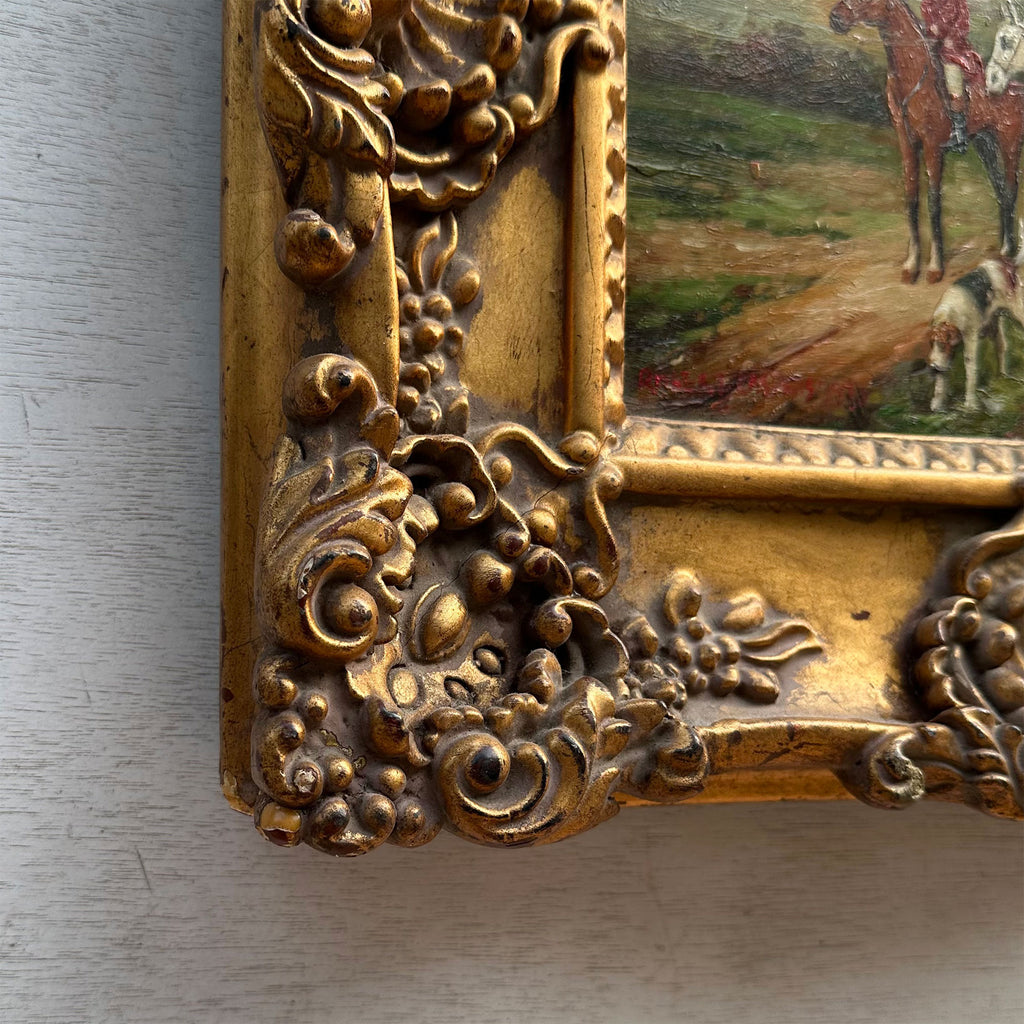 The Hunt at Rest | Signed Robert Caspers | Vintage Equestrian Oil Painting | 19.3×15.4in