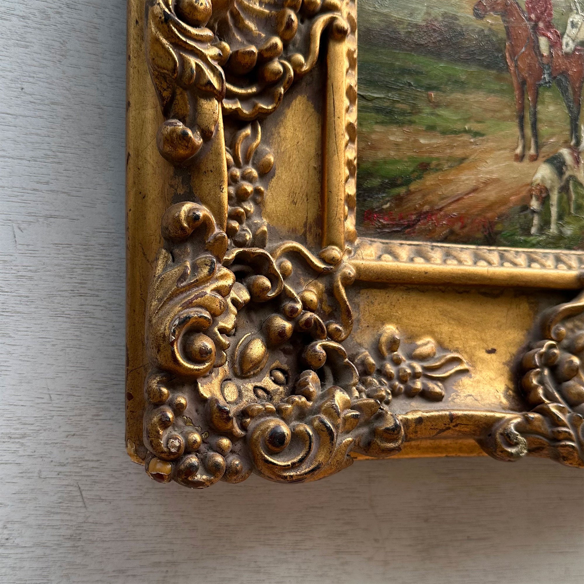 The Hunt at Rest | Signed Robert Caspers | Vintage Equestrian Oil Painting | 19.3×15.4in