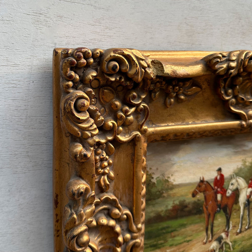 The Hunt at Rest | Signed Robert Caspers | Vintage Equestrian Oil Painting | 19.3×15.4in