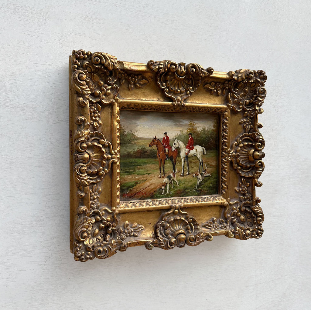 The Hunt at Rest | Signed Robert Caspers | Vintage Equestrian Oil Painting | 19.3×15.4in
