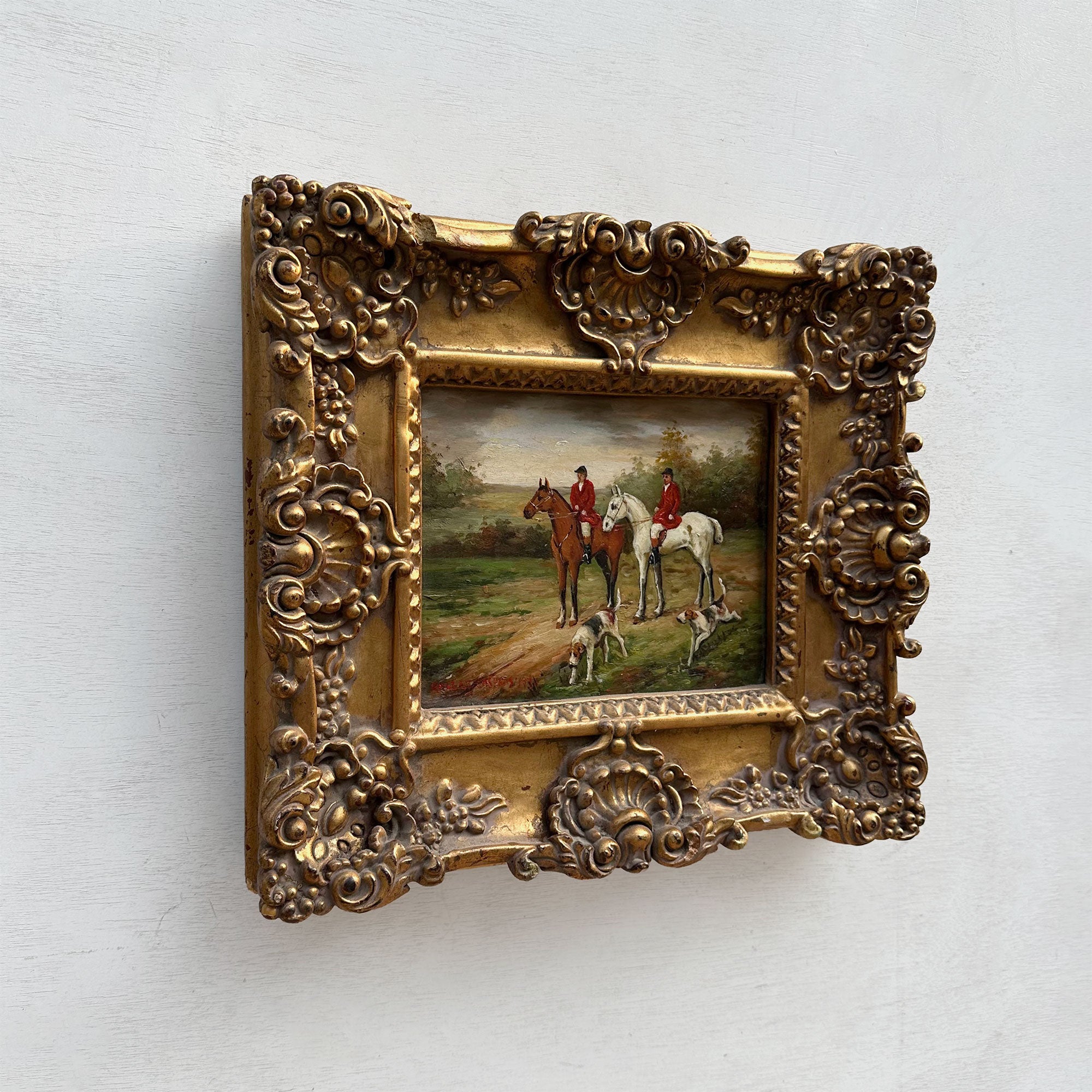 The Hunt at Rest | Signed Robert Caspers | Vintage Equestrian Oil Painting | 19.3×15.4in