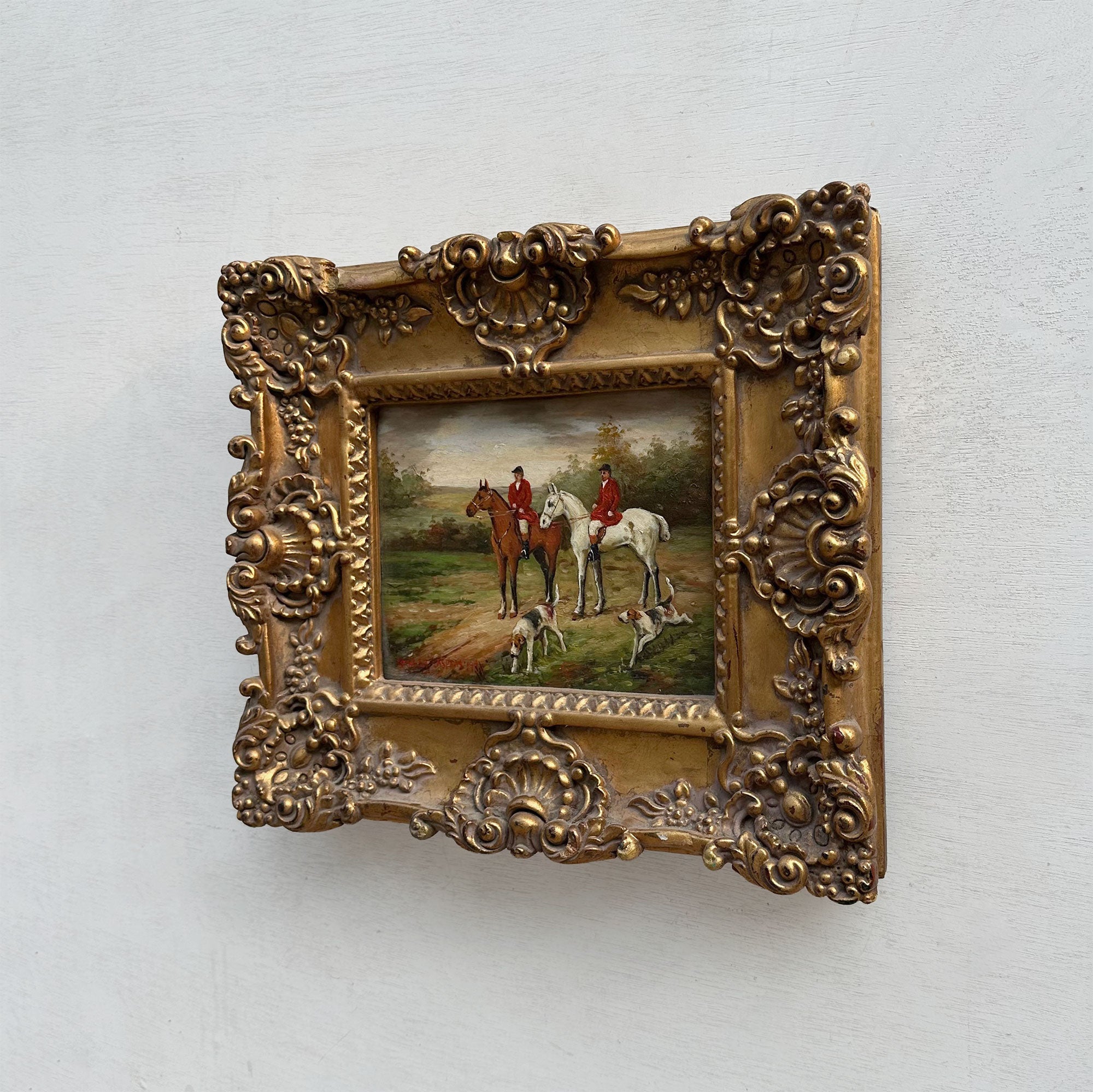The Hunt at Rest | Signed Robert Caspers | Vintage Equestrian Oil Painting | 19.3×15.4in