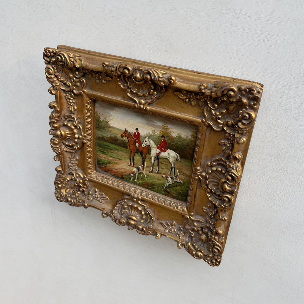 The Hunt at Rest | Signed Robert Caspers | Vintage Equestrian Oil Painting | 19.3×15.4in