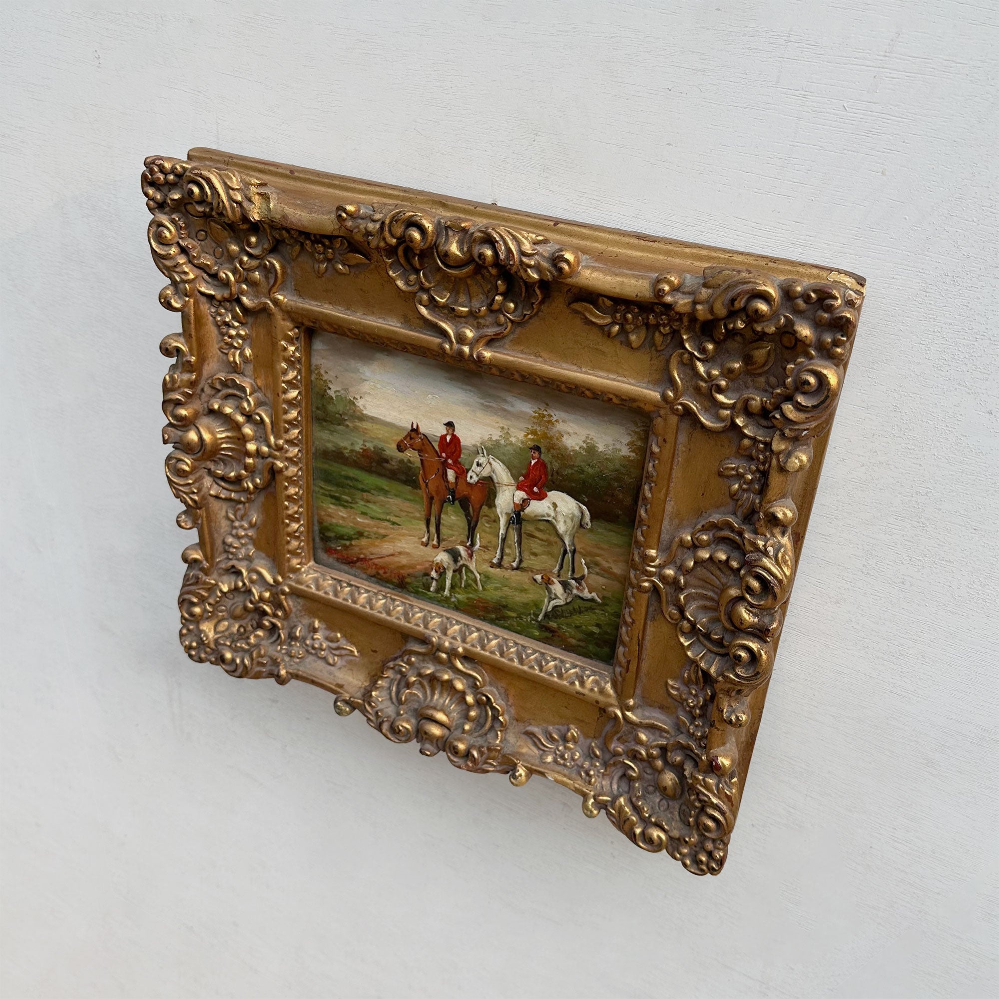 The Hunt at Rest | Signed Robert Caspers | Vintage Equestrian Oil Painting | 19.3×15.4in