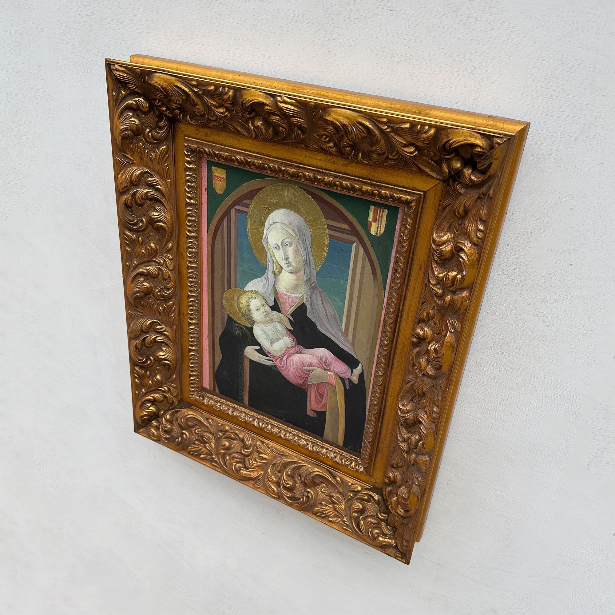 Madonna and Child | Vintage Egg Tempera Reproduction | Ornate Carved Frame | 19.7×23.6in