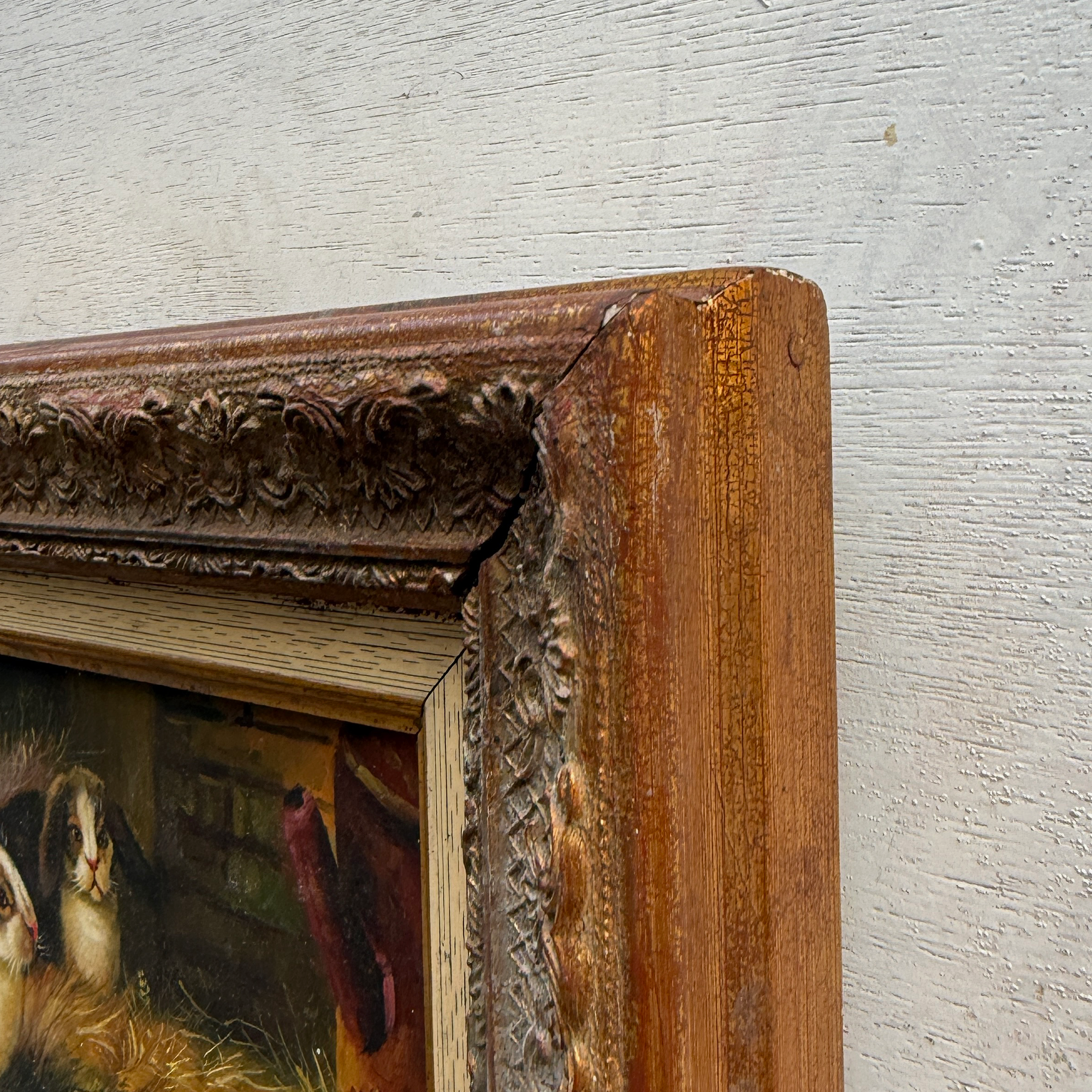 Original Rabbit Oil Painting, Vintage Bunny Art, One of a Kind European Animal Painting, Framed Oil on Board Rustic Wall Decor