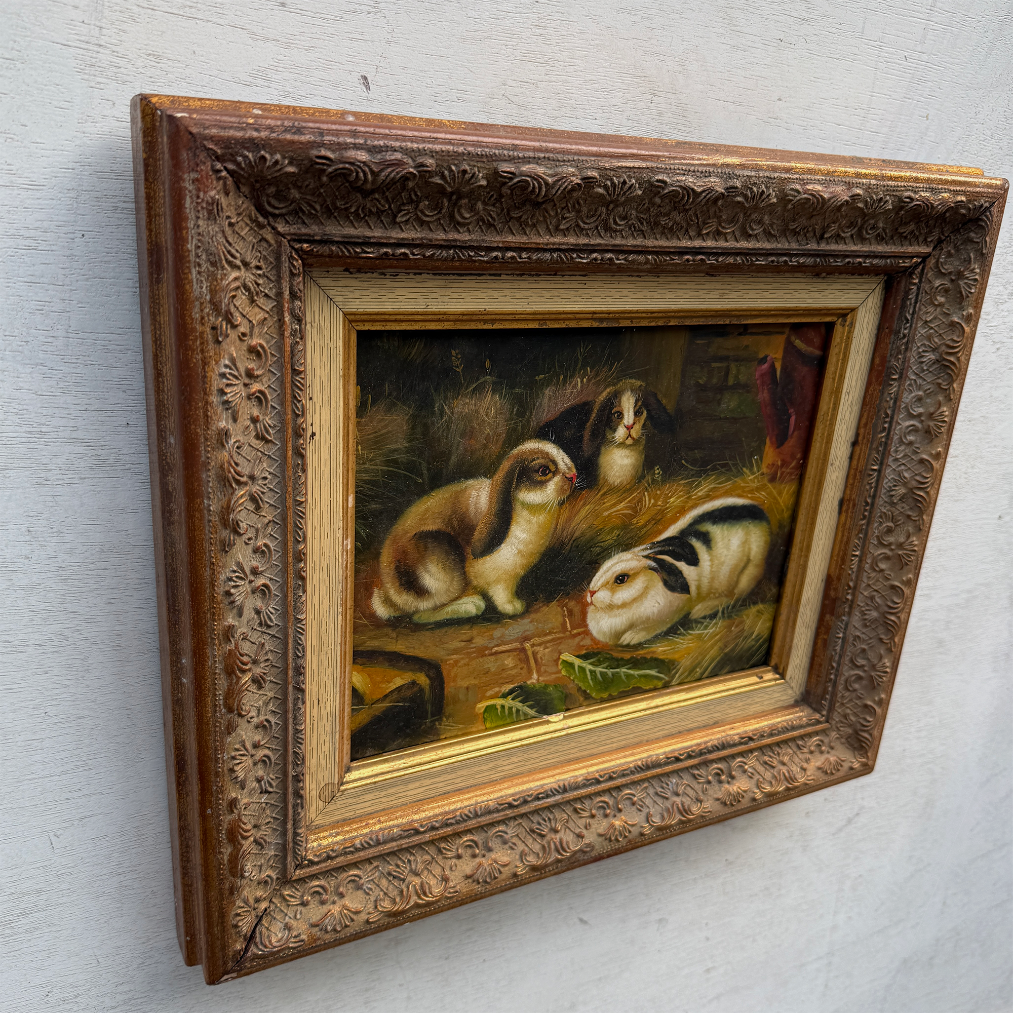 Original Rabbit Oil Painting, Vintage Bunny Art, One of a Kind European Animal Painting, Framed Oil on Board Rustic Wall Decor