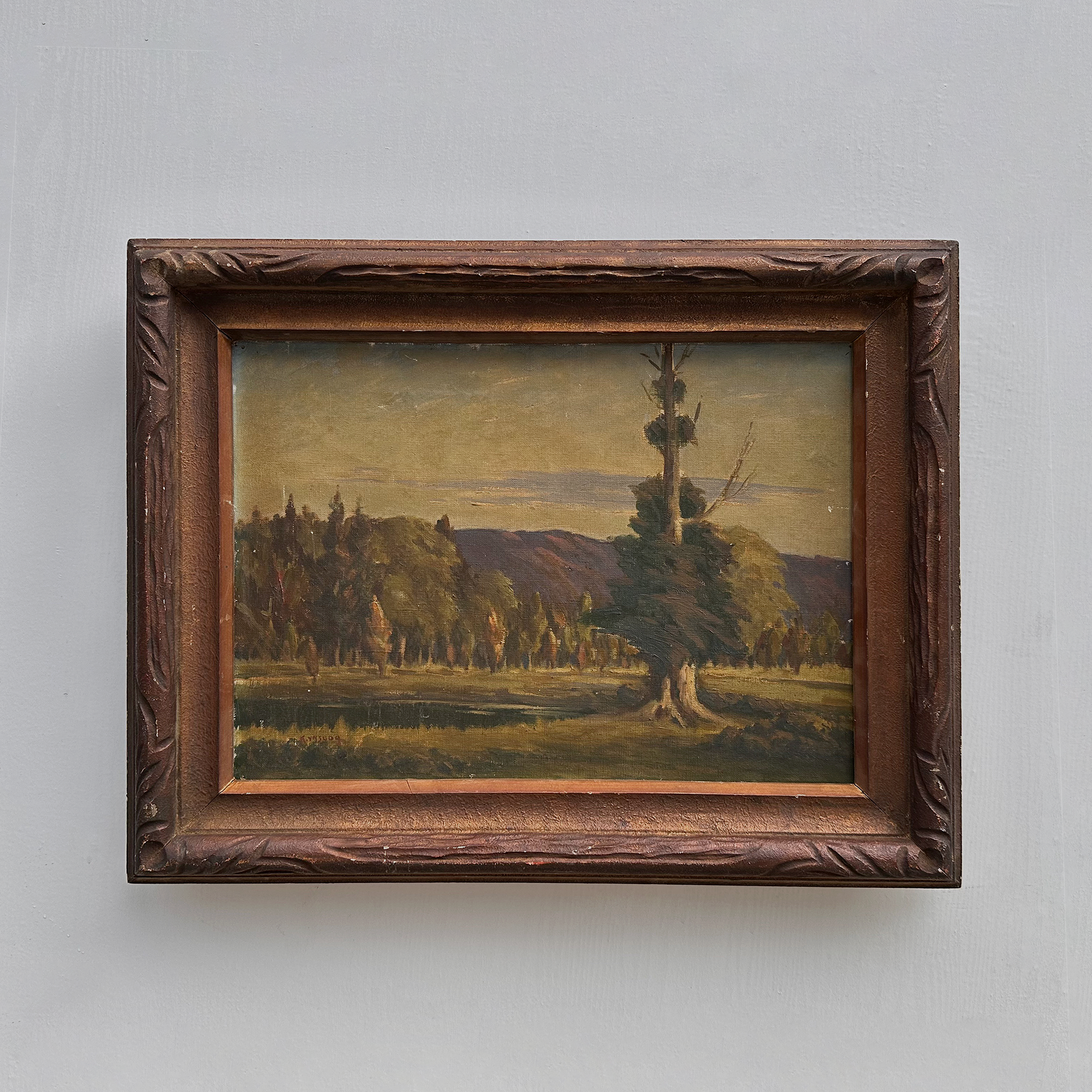 23.2 × 18.5in Original Vintage Landscape Oil Painting, Classical Countryside Scene with Rustic Wooden Frame
