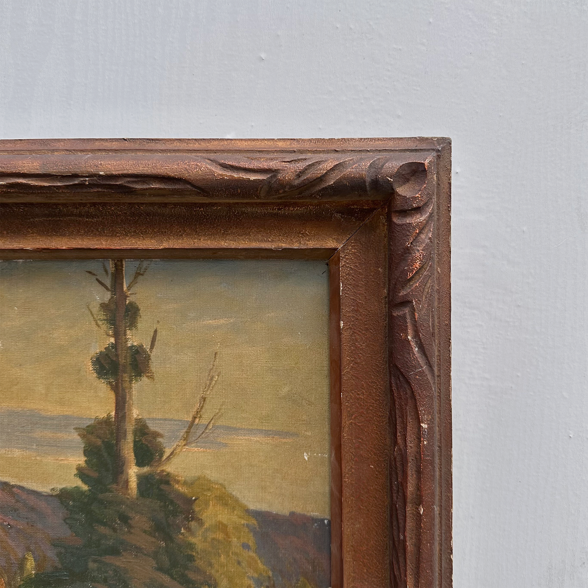 23.2 × 18.5in Original Vintage Landscape Oil Painting, Classical Countryside Scene with Rustic Wooden Frame