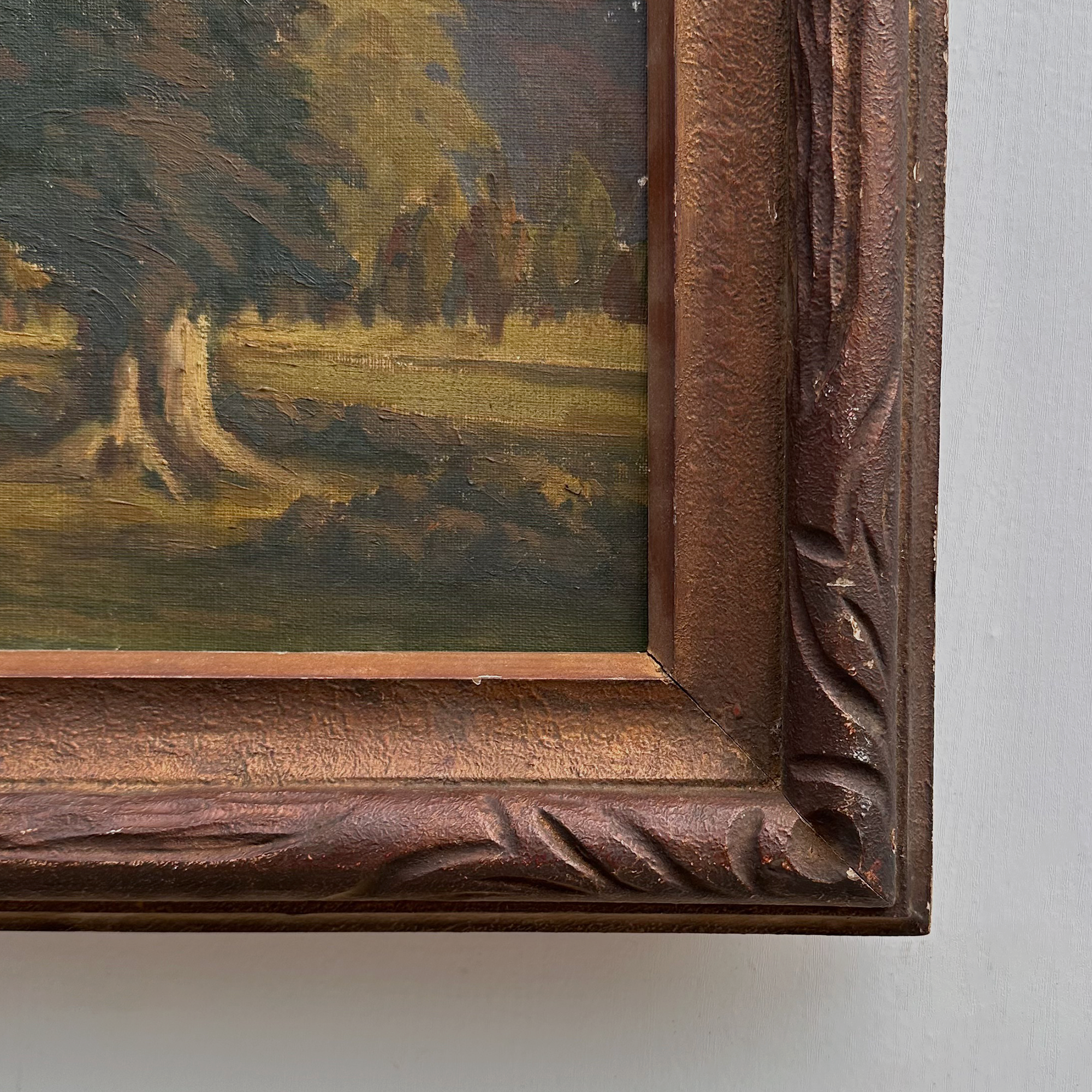 23.2 × 18.5in Original Vintage Landscape Oil Painting, Classical Countryside Scene with Rustic Wooden Frame