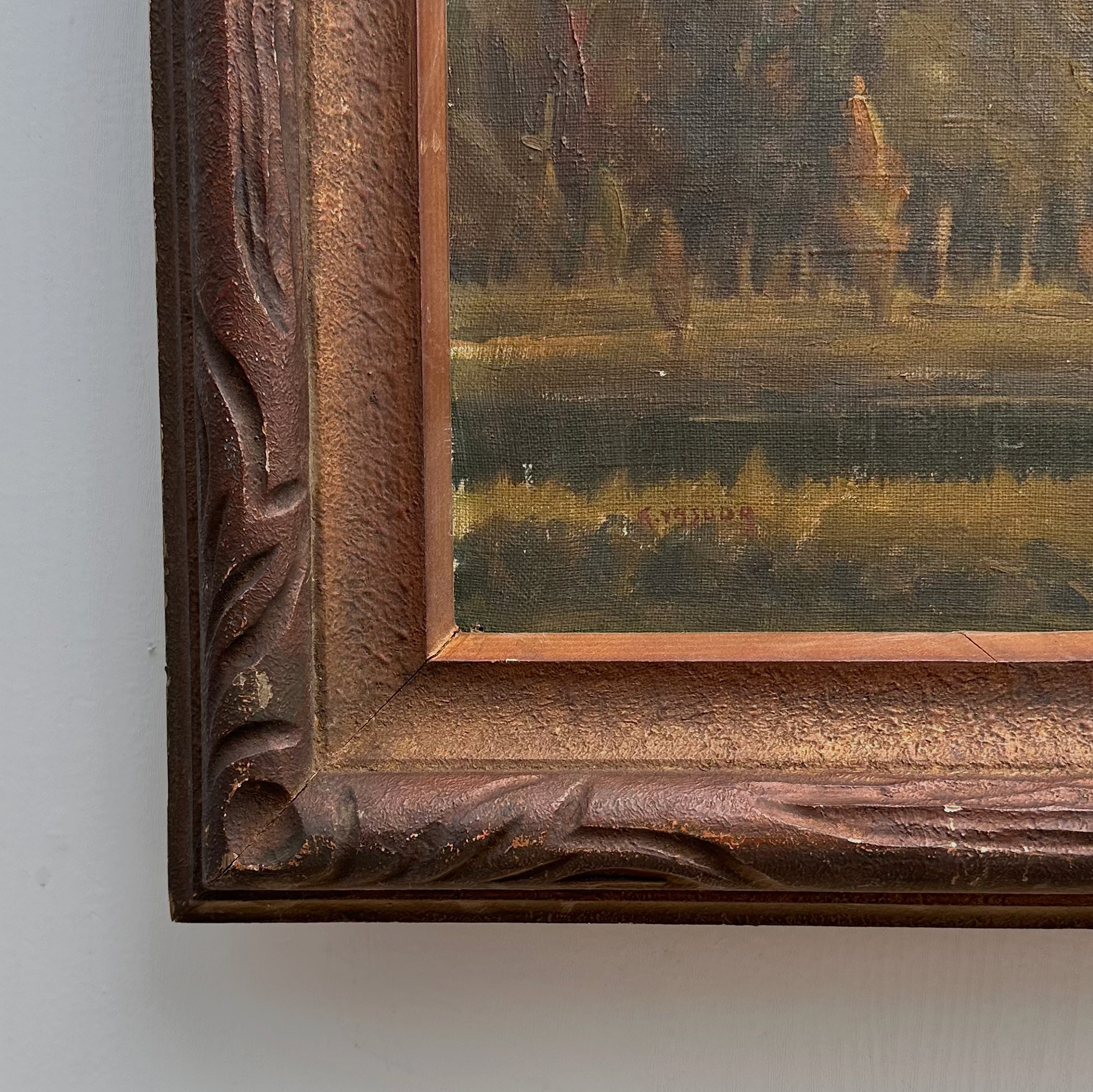 23.2 × 18.5in Original Vintage Landscape Oil Painting, Classical Countryside Scene with Rustic Wooden Frame