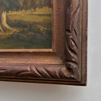 23.2 × 18.5in Original Vintage Landscape Oil Painting, Classical Countryside Scene with Rustic Wooden Frame