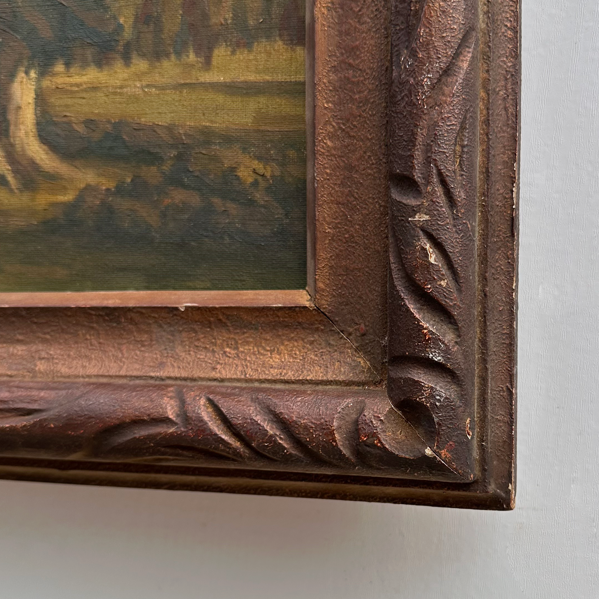 23.2 × 18.5in Original Vintage Landscape Oil Painting, Classical Countryside Scene with Rustic Wooden Frame