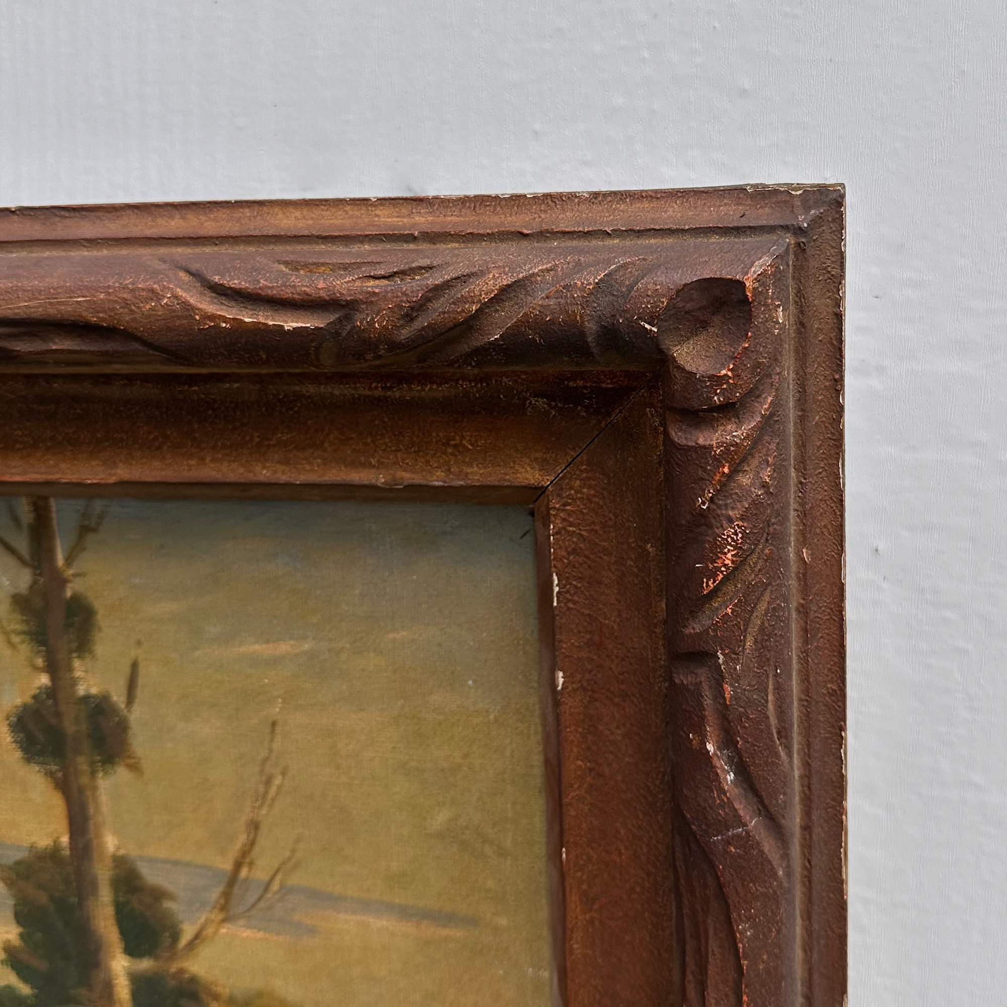 23.2 × 18.5in Original Vintage Landscape Oil Painting, Classical Countryside Scene with Rustic Wooden Frame