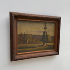 23.2 × 18.5in Original Vintage Landscape Oil Painting, Classical Countryside Scene with Rustic Wooden Frame