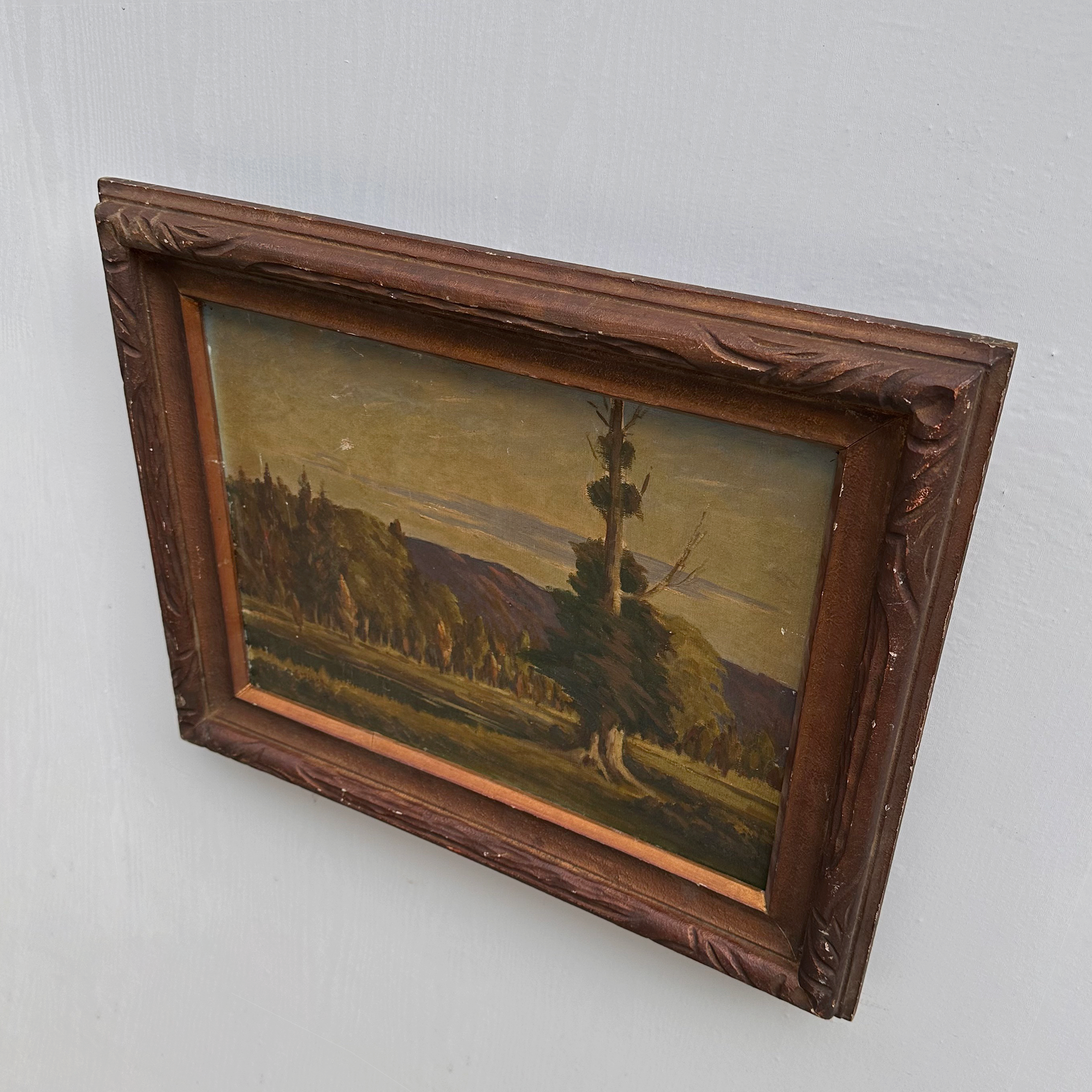 23.2 × 18.5in Original Vintage Landscape Oil Painting, Classical Countryside Scene with Rustic Wooden Frame