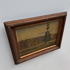23.2 × 18.5in Original Vintage Landscape Oil Painting, Classical Countryside Scene with Rustic Wooden Frame