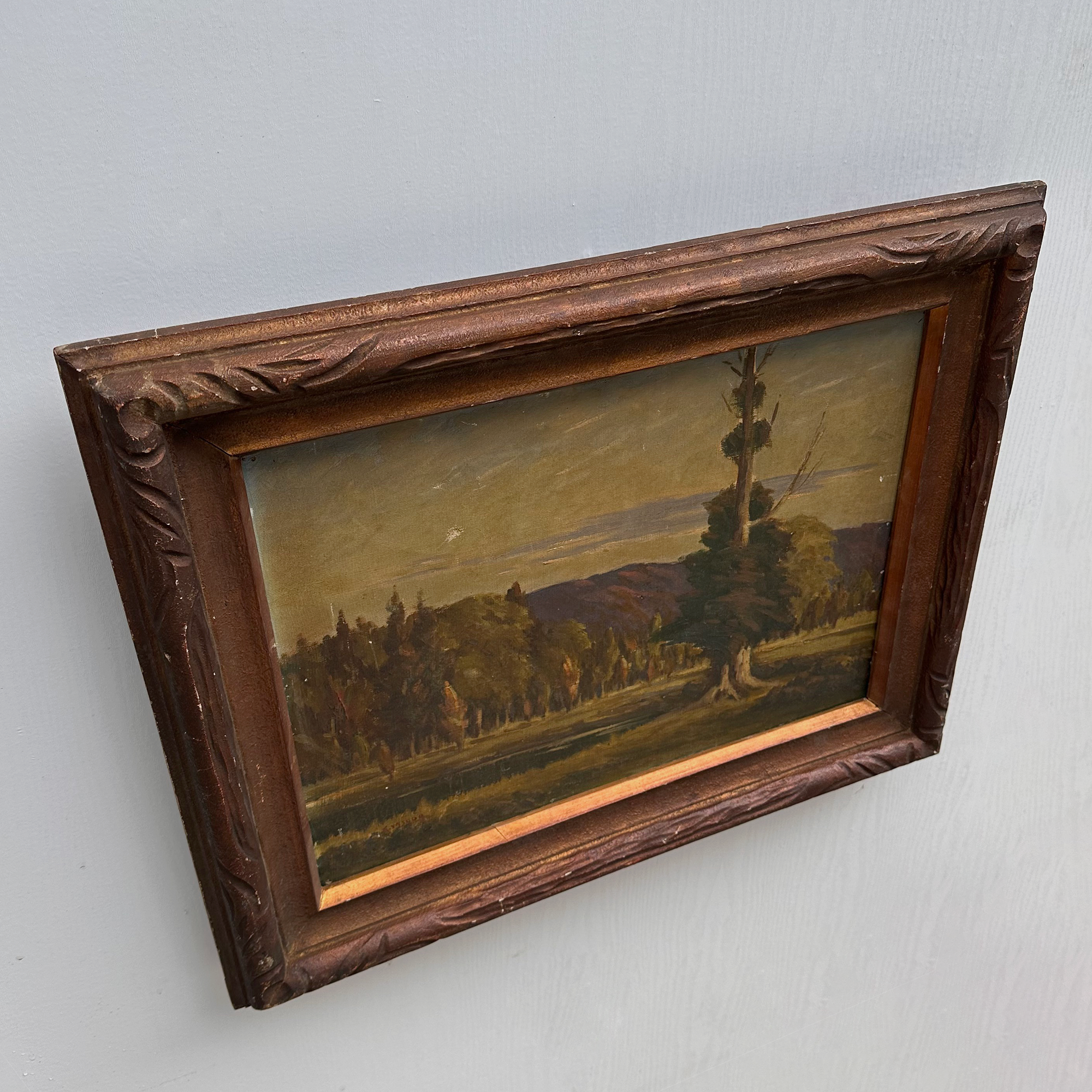 23.2 × 18.5in Original Vintage Landscape Oil Painting, Classical Countryside Scene with Rustic Wooden Frame