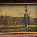 23.2 × 18.5in Original Vintage Landscape Oil Painting, Classical Countryside Scene with Rustic Wooden Frame