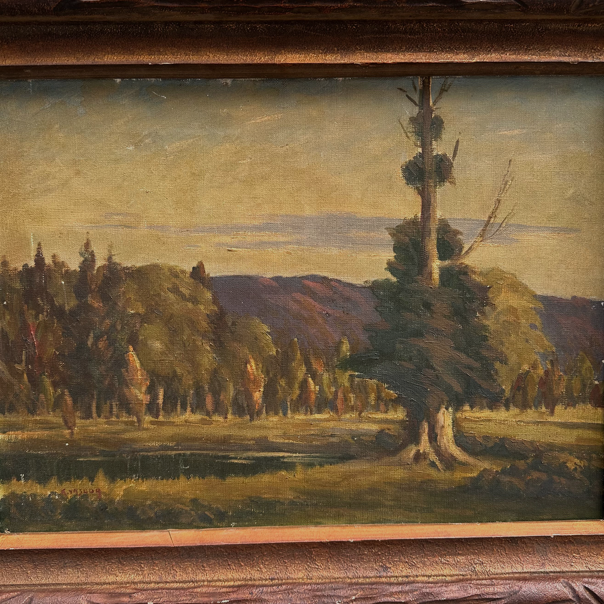 23.2 × 18.5in Original Vintage Landscape Oil Painting, Classical Countryside Scene with Rustic Wooden Frame