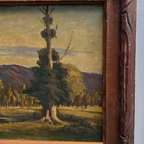 23.2 × 18.5in Original Vintage Landscape Oil Painting, Classical Countryside Scene with Rustic Wooden Frame
