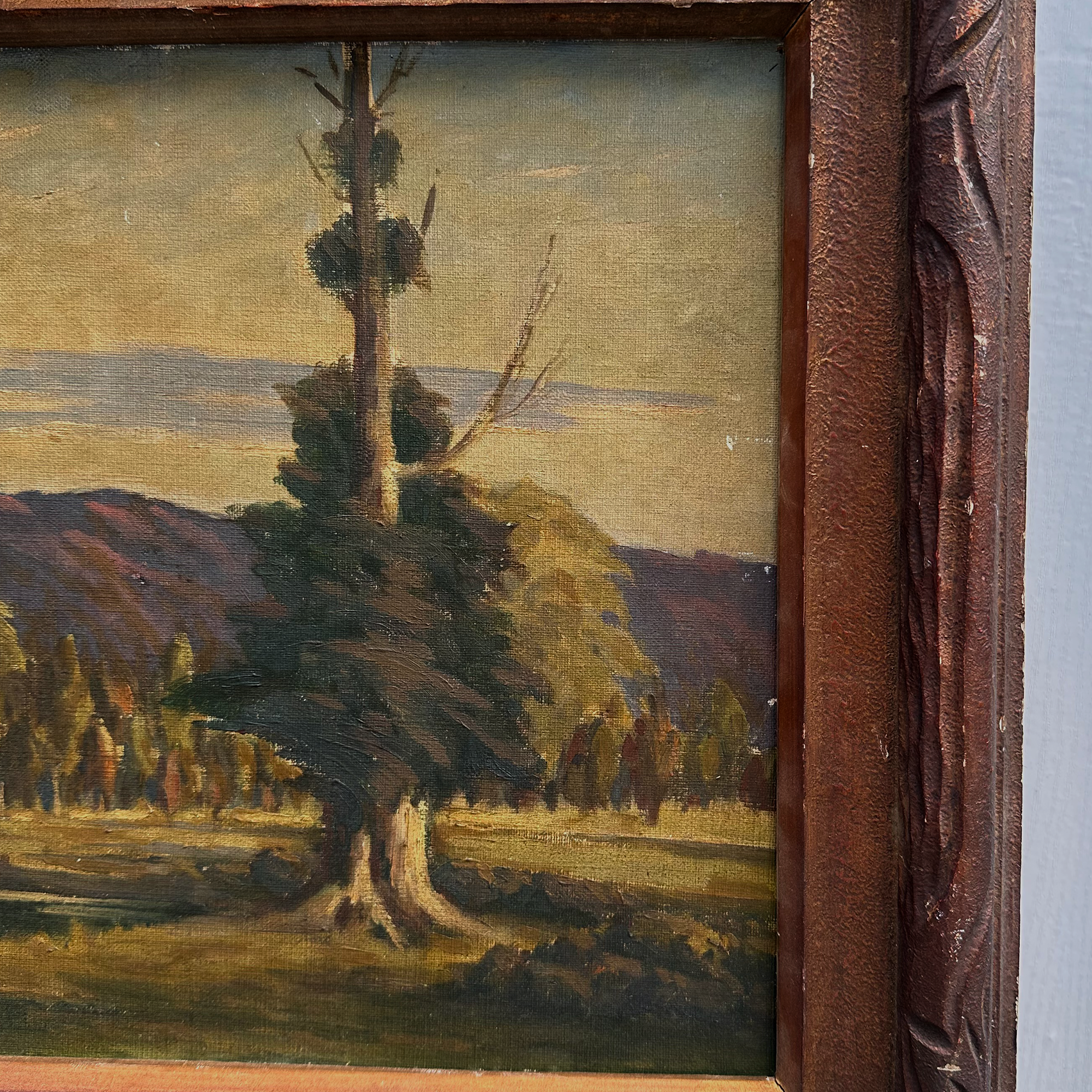 23.2 × 18.5in Original Vintage Landscape Oil Painting, Classical Countryside Scene with Rustic Wooden Frame