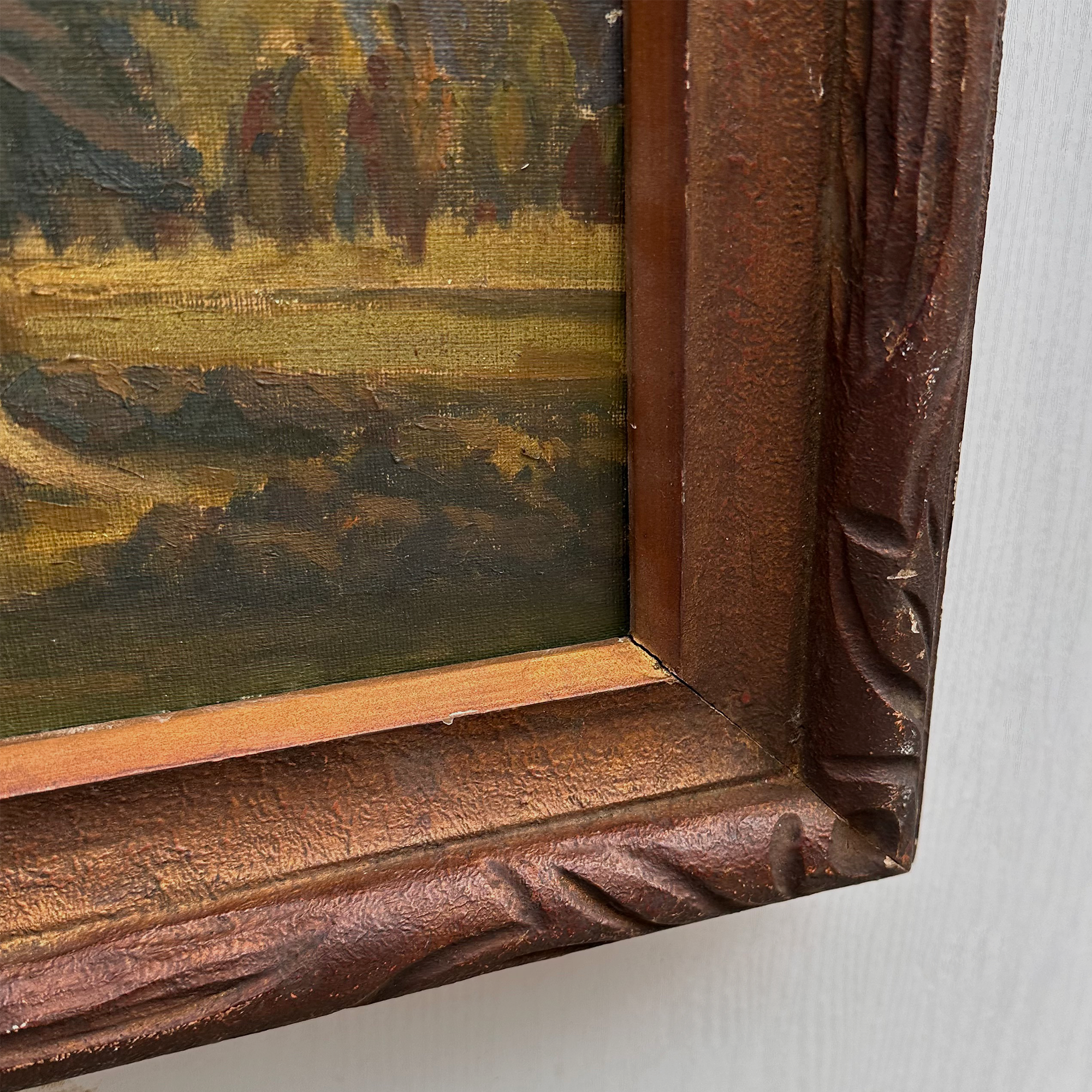 23.2 × 18.5in Original Vintage Landscape Oil Painting, Classical Countryside Scene with Rustic Wooden Frame