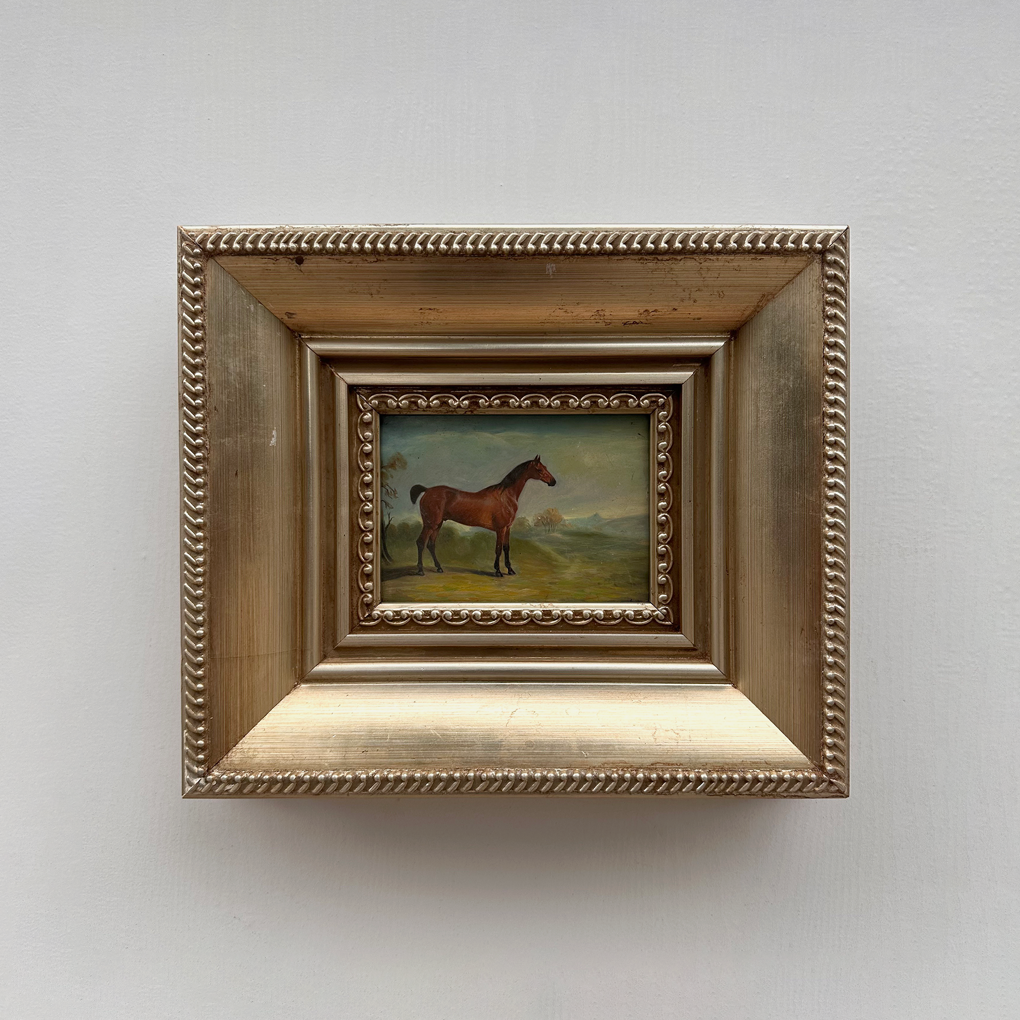 Vintage Miniature Horse Hand-Painted Oil Painting | Intricate Multi-Layer Carved Frame | One of a Kind