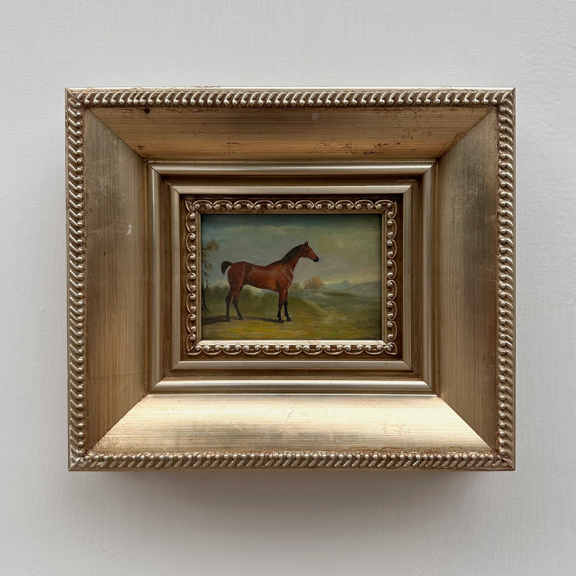 Vintage Miniature Horse Hand-Painted Oil Painting | Intricate Multi-Layer Carved Frame | One of a Kind