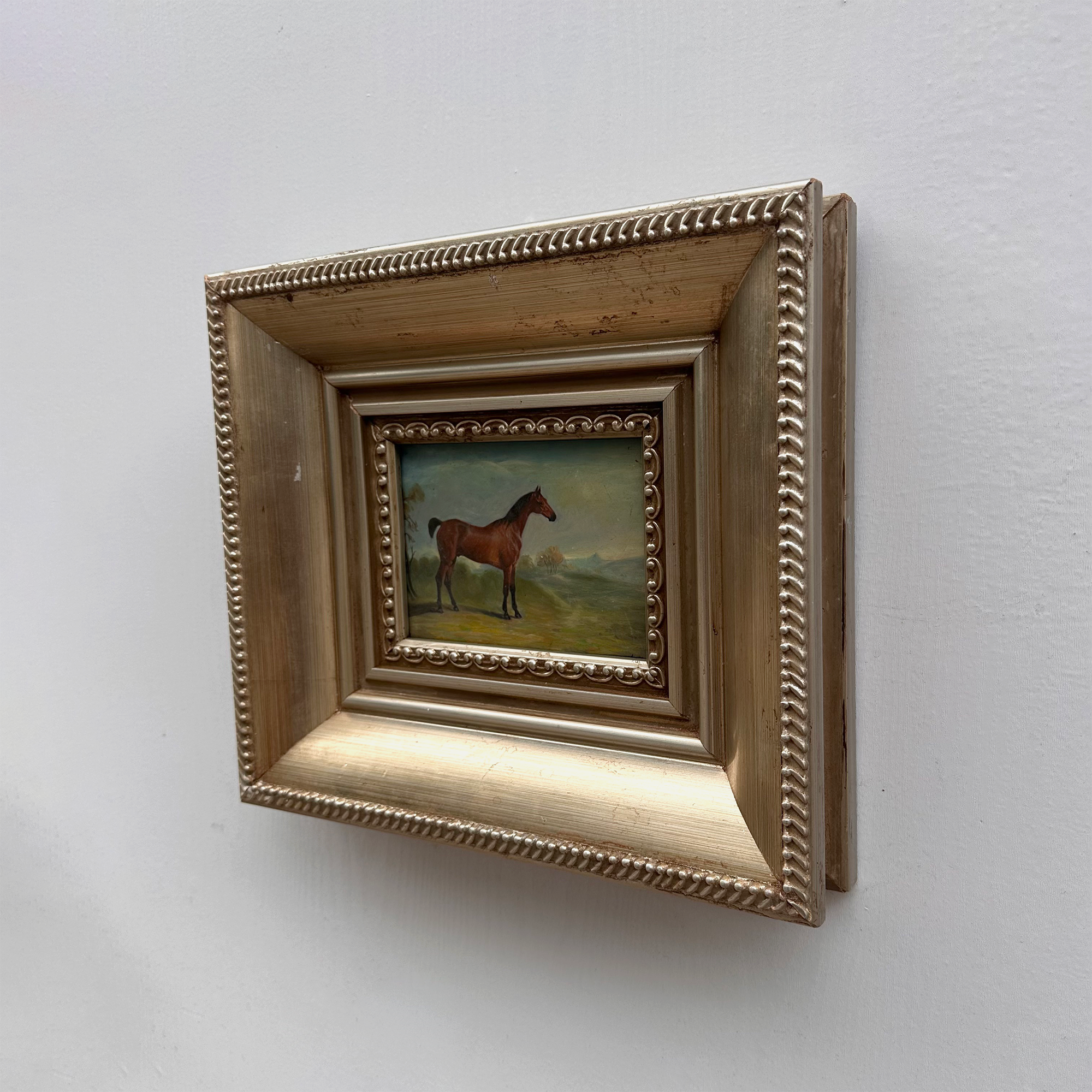 Vintage Miniature Horse Hand-Painted Oil Painting | Intricate Multi-Layer Carved Frame | One of a Kind