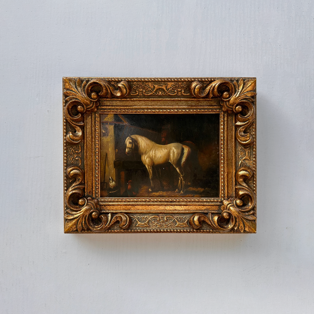 Vintage Horse Oil Painting | Baroque Carved Gold Frame | Mid-20th Century Artwork 26x21cm