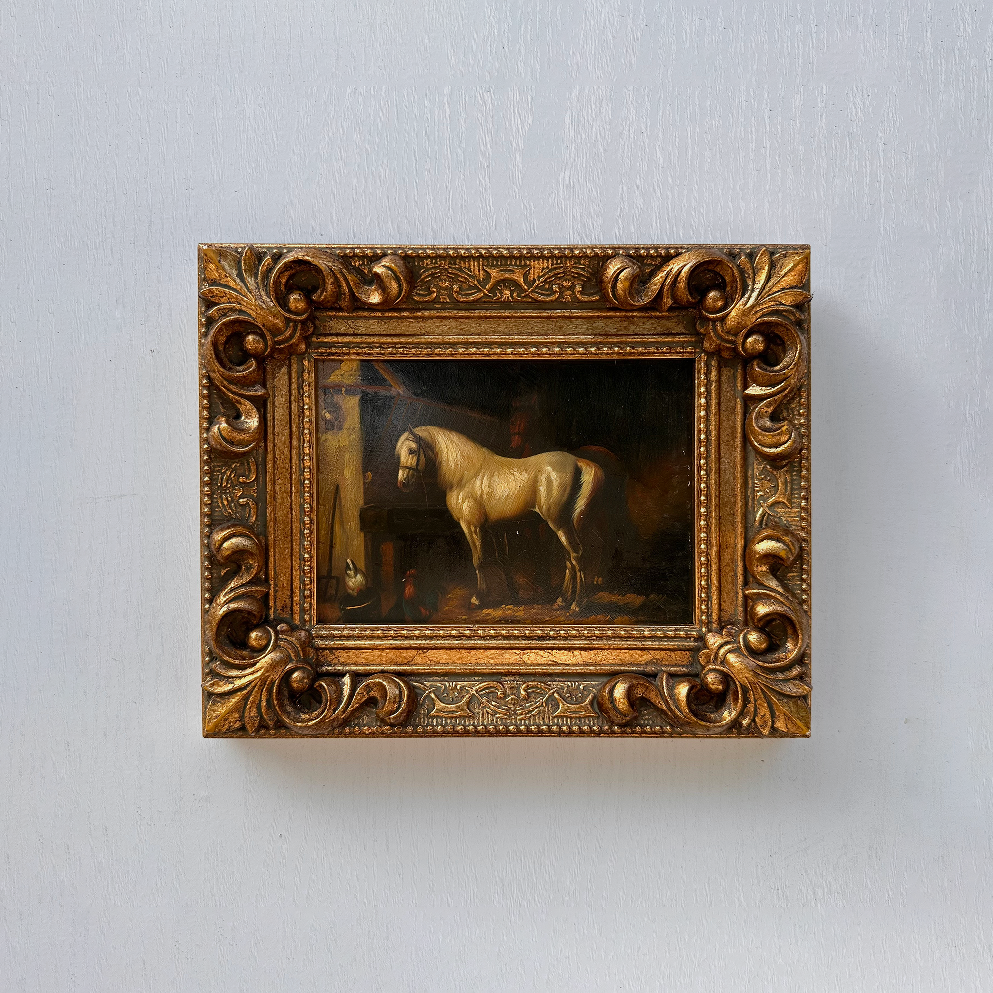 Vintage Horse Oil Painting | Baroque Carved Gold Frame | Mid-20th Century Artwork 26x21cm
