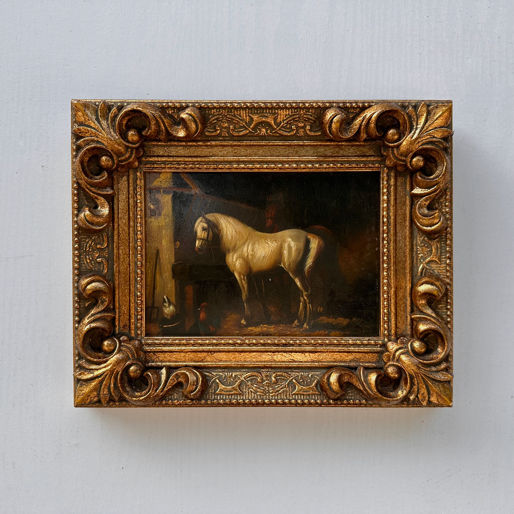 Vintage Horse Oil Painting | Baroque Carved Gold Frame | Mid-20th Century Artwork 26x21cm
