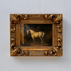 Vintage Horse Oil Painting | Baroque Carved Gold Frame | Mid-20th Century Artwork 26x21cm