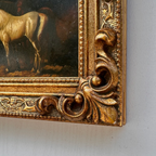 Vintage Horse Oil Painting | Baroque Carved Gold Frame | Mid-20th Century Artwork 26x21cm
