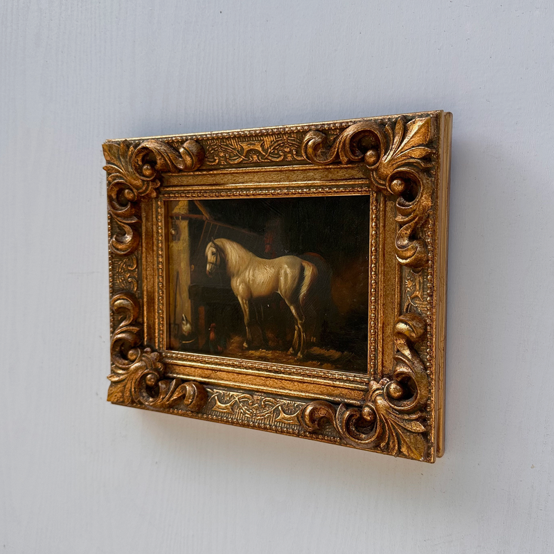 Vintage Horse Oil Painting | Baroque Carved Gold Frame | Mid-20th Century Artwork 26x21cm