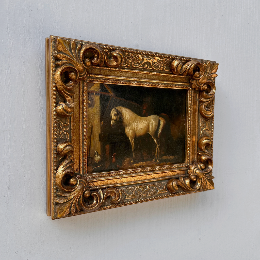 Vintage Horse Oil Painting | Baroque Carved Gold Frame | Mid-20th Century Artwork 26x21cm