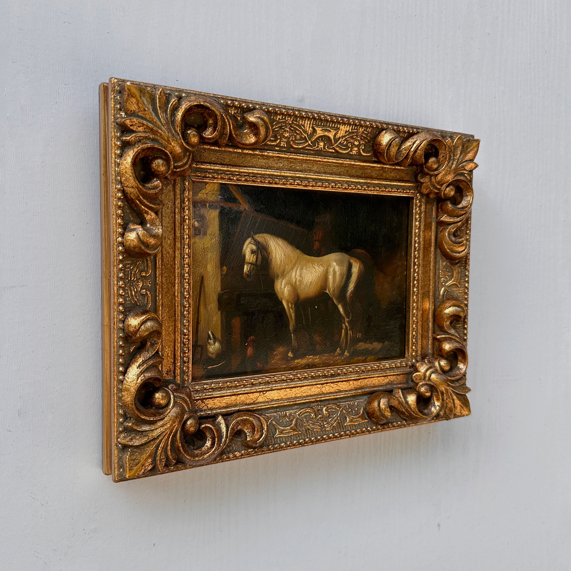 Vintage Horse Oil Painting | Baroque Carved Gold Frame | Mid-20th Century Artwork 26x21cm