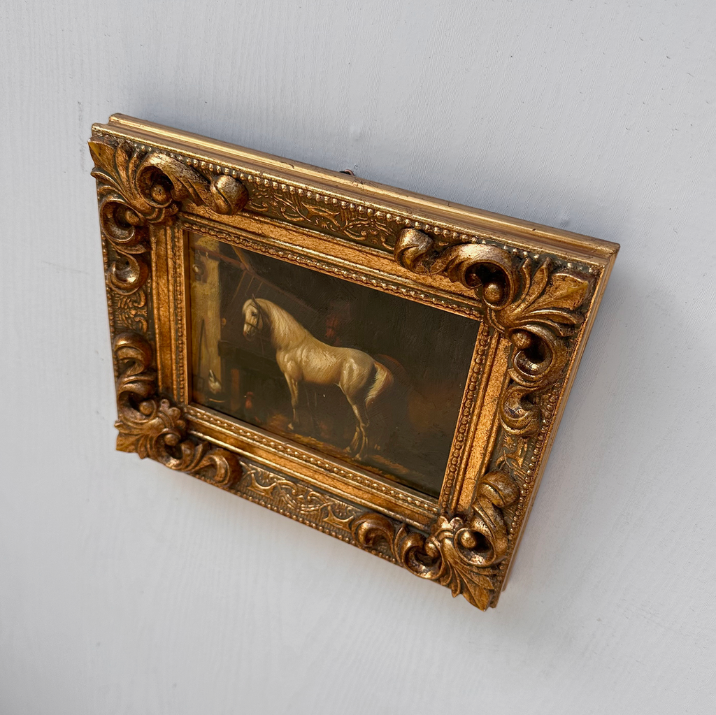 Vintage Horse Oil Painting | Baroque Carved Gold Frame | Mid-20th Century Artwork 26x21cm
